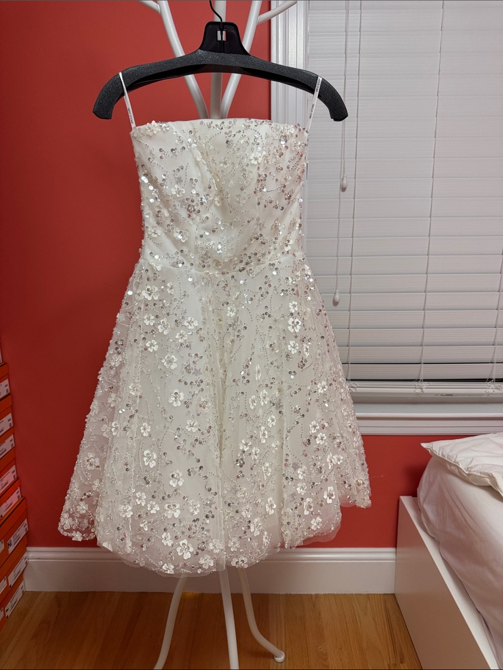 Ivory Sequin Floral Strapless Prom Dress